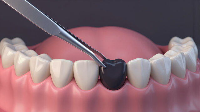 Dental Filling Procedure with Tweezers Placing Black Composite Resin Into a Cavity on Upper Tooth Model for Educational or Medical Training Purposes