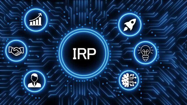 A glowing neon  IRP icon surrounded by smaller icons for ai and manufacturing process management all connected in a digital circuit like pattern, manufacturing planning, manufacturing strategy. 4k 