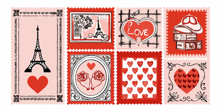 A collection of postage stamps featuring romantic parisian motifs