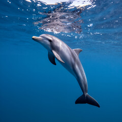 Fototapeta premium Dolphin Swimming Gracefully Underwater in Clear Blue Ocean with Sunlight Filtering Through Surface Creating Natural Reflection and Bubbles Around Marine Animal