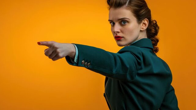 A modern woman in a business suit points her finger straight ahead with a stern gaze. Perfect for topics like leadership, assertiveness, and professionalism.