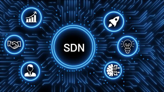 A glowing neon  SDN icon surrounded by smaller icons for ai and manufacturing process management all connected in a digital circuit like pattern, manufacturing planning, manufacturing strategy. 4k 
