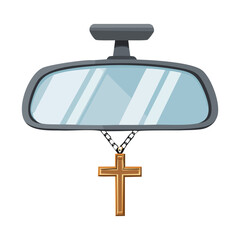 Cartoon rear view mirror with religious cross symbol