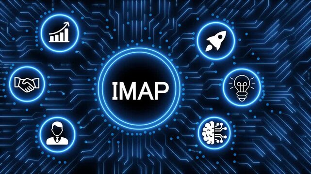 A glowing neon  IMAP icon surrounded by smaller icons for ai and manufacturing process management all connected in a digital circuit like pattern, manufacturing planning, manufacturing strategy. 4k 