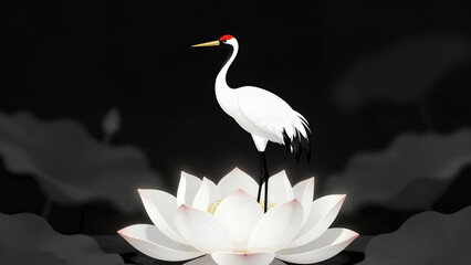 Fototapeta premium Elegant White Crane Perched Gracefully on a Blooming Lotus Flower Against Dark Serene Water Lily Pond Background Illustration