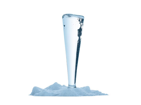 A clear glass filled with water sits atop a pile of snow, simple and serene