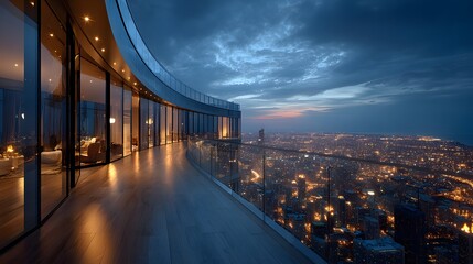 Fototapeta premium Sleek modern glass balcony of a luxury high-rise penthouse offering a breathtaking panoramic view of a sprawling metropolis at twilight.