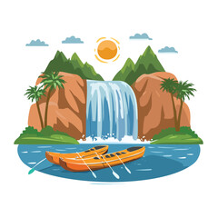 Obraz premium Cartoon waterfall scene with kayaks and landscape