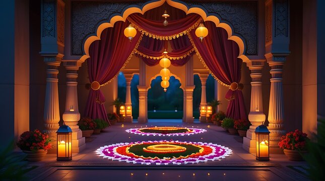 A photo of a luxurious Indian Mughal-inspired home entrance for Eid, with a grand ornate arch frame adorned with intricate carvings.