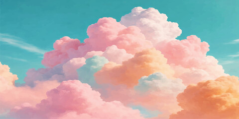 Beautiful fluffy white cumulus clouds drift across a bright blue summer sky as sunlight illuminates the clear atmosphere of this breathtaking natural cloudscape © MDNUR