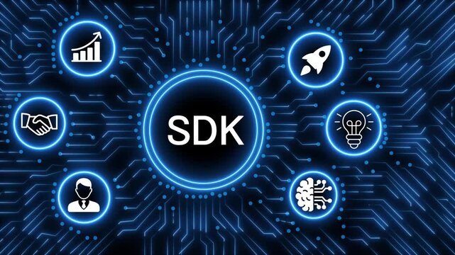 A glowing neon  SDK icon surrounded by smaller icons for ai and manufacturing process management all connected in a digital circuit like pattern, manufacturing planning, manufacturing strategy. 4k 