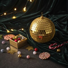 Shiny Golden Disco Ball Surrounded by Festive Decorations and Lights