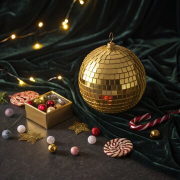 Shiny Golden Disco Ball Surrounded by Festive Decorations and Lights