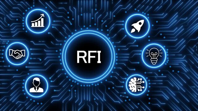 A glowing neon  RFI icon surrounded by smaller icons for ai and manufacturing process management all connected in a digital circuit like pattern, manufacturing planning, manufacturing strategy. 4k 