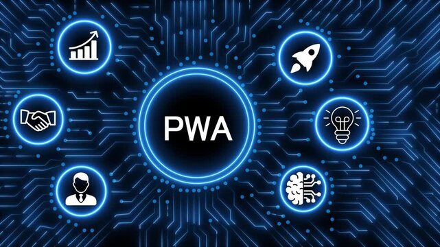 A glowing neon  PWA icon surrounded by smaller icons for ai and manufacturing process management all connected in a digital circuit like pattern, manufacturing planning, manufacturing strategy. 4k 