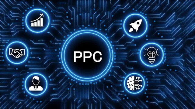 A glowing neon  PPC icon surrounded by smaller icons for ai and manufacturing process management all connected in a digital circuit like pattern, manufacturing planning, manufacturing strategy. 4k 
