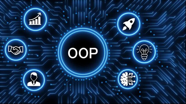 A glowing neon  OOP icon surrounded by smaller icons for ai and manufacturing process management all connected in a digital circuit like pattern, manufacturing planning, manufacturing strategy. 4k 