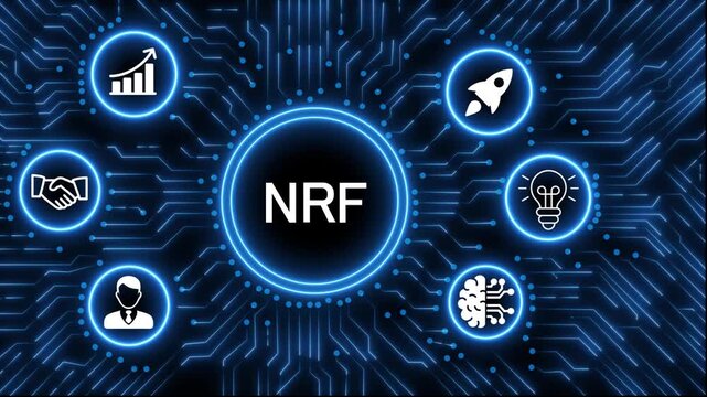 A glowing neon  NRF icon surrounded by smaller icons for ai and manufacturing process management all connected in a digital circuit like pattern, manufacturing planning, manufacturing strategy. 4k 