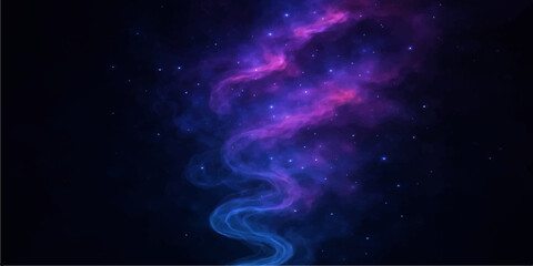 An abstract blue nebula of glowing smoke swirls through the deep black outer space of a dark cosmic universe filled with bright stars and fantasy galaxy constellations © MDNUR