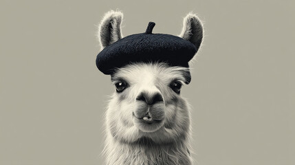Fototapeta premium Close-up Portrait of a Llama Wearing a Beret, Sepia Tone