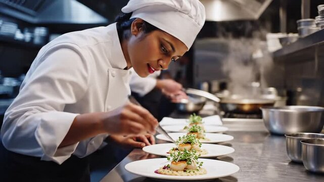 Chef Preparing Gourmet Dishes in Kitchen.