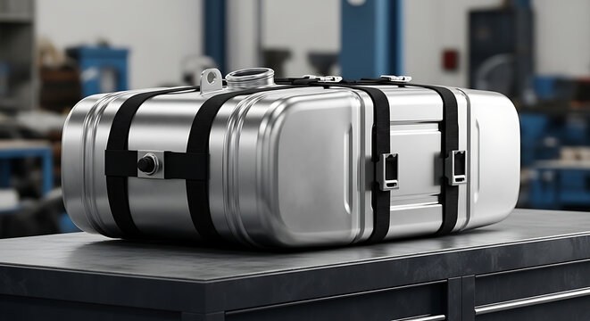 Silver metal container with black straps on a table in an industrial setting viewed from the side