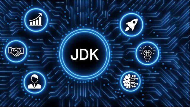 A glowing neon  JDK icon surrounded by smaller icons for ai and manufacturing process management all connected in a digital circuit like pattern, manufacturing planning, manufacturing strategy. 4k 