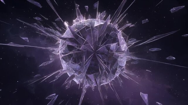 A shattered glass sphere in a cosmic display, shards radiating outward with interstellar backgroud
