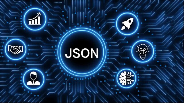 A glowing neon  JSON icon surrounded by smaller icons for ai and manufacturing process management all connected in a digital circuit like pattern, manufacturing planning, manufacturing strategy. 4k 