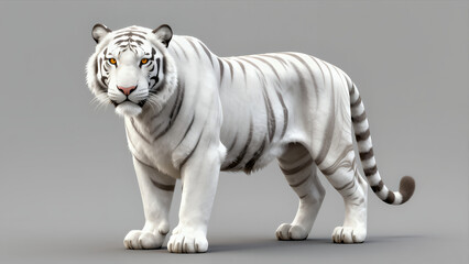 Obraz premium Realistic 3d Rendering of a Majestic White Tiger Standing Alert with Detailed Fur and Striking Orange Eyes Against Neutral Gray Background