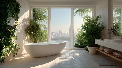 Fototapeta premium Sun-drenched modern luxury bathroom interior featuring a sleek standalone white soaking tub and lush tropical houseplants by the windows.