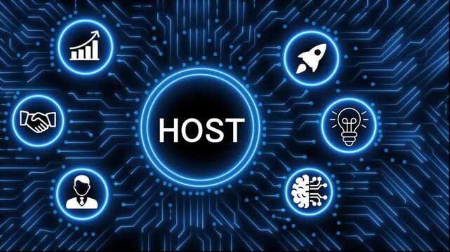 A glowing neon  HOST icon surrounded by smaller icons for ai and manufacturing process management all connected in a digital circuit like pattern, manufacturing planning, manufacturing strategy. 4k 