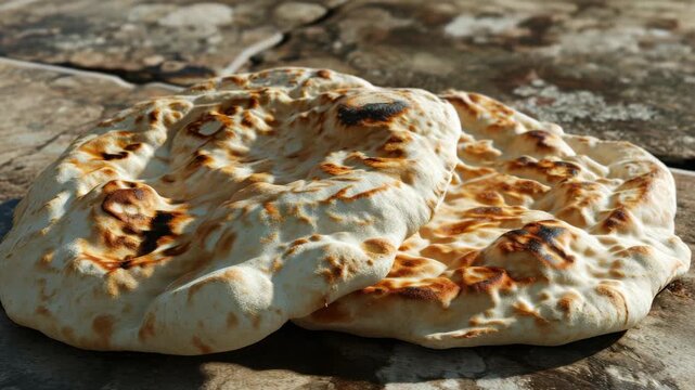 A stack of freshly baked breads with burn marks, resting on a natural stone surface.