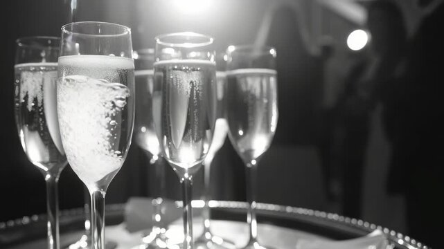Crystal champagne flutes filled with effervescent bubbles.