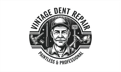 Obraz premium Vintage Dent Repair Logo with Professional Craftsman and Tools.