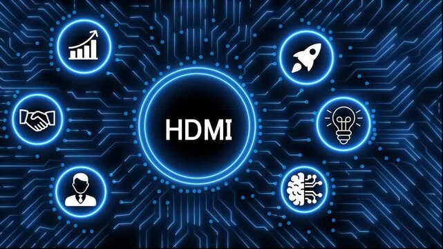 A glowing neon  HDMI  icon surrounded by smaller icons for ai and manufacturing process management all connected in a digital circuit like pattern, manufacturing planning, manufacturing strategy. 4k 