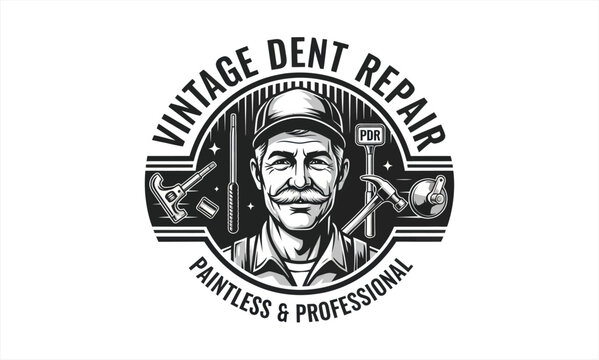 Vintage Dent Repair Logo with Professional Craftsman and Tools.