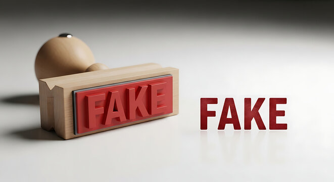 A wooden stamp with a red ink pad marked FAKE on a white surface viewed from the side with a blurred background