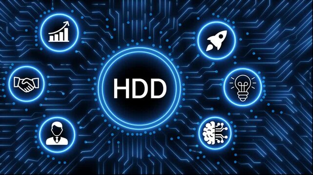 A glowing neon  HDD  icon surrounded by smaller icons for ai and manufacturing process management all connected in a digital circuit like pattern, manufacturing planning, manufacturing strategy. 4k 