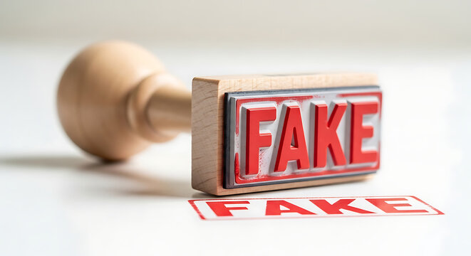 Rubber stamp with fake text on a wooden handle marking document with fake stamp impression on white paper close-up view