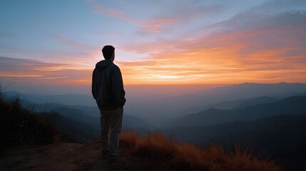 Obraz premium Man stands on a hilltop silhouetted against a vibrant orange and blue sunset over layered mountain ranges