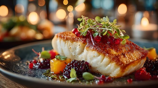 Michelin-star plated seared sea bass with vibrant fruit puree and delicate microgreens served on a sleek matte plate in a dim restaurant.