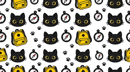 Delightful black cat, backpack, and compass pattern for whimsical, serene evening adventures