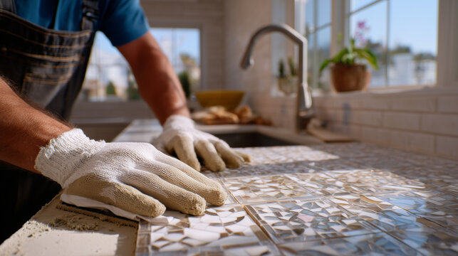 Medium shot of faceless hands in protective work gloves carefully pressing a decorative mosaic tile sheet onto a modern kitchen backsplash, intricate geometric pattern in soft ivor