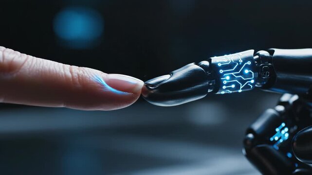 A human finger touches a robotic finger with glowing circuitry in a dark environment from a close-up viewpoint