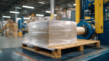 Detailed texture-focused shot of stretch film being pulled around palletized goods, clear plastic shimmering under bright factory lighting, corrugated cardboard patterns visible th