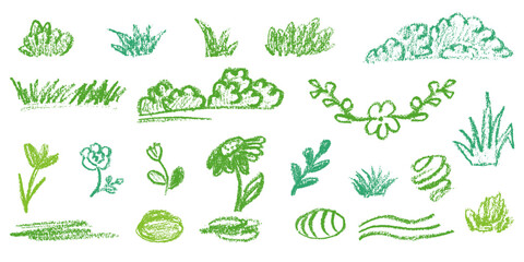 Hand drawn nature elements set. Green crayon grass, bushes, flowers and stones. Vector sketch illustration for kids drawing and spring design © Olga Tsikarishvili