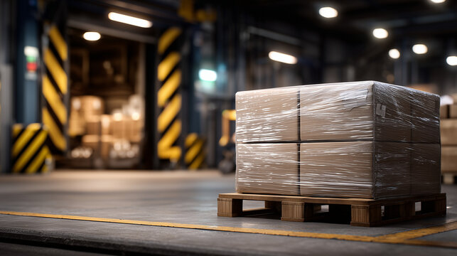 Cinematic warehouse interior showing freshly wrapped pallet ready for shipment, stretch film tightly enclosing stacked boxes, transparent glossy surface reflecting machinery and sa