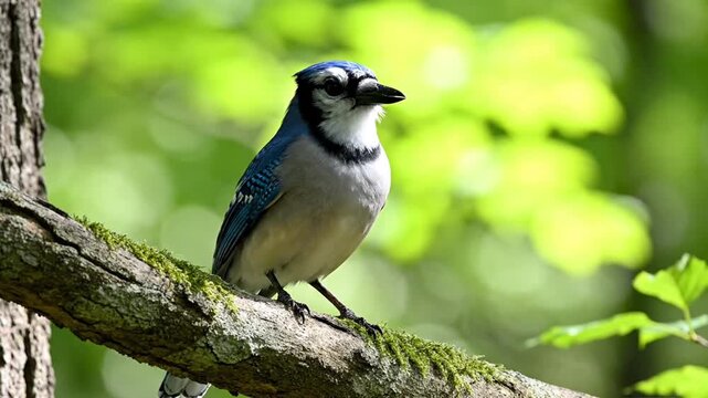 Blue Jay Perched on Tree Branch in Forest.