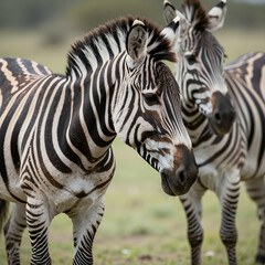 Fototapeta premium Two Zebras Standing Close Together in a Grassy Savanna Field with Natural Wildlife Photography Style Suitable for Nature Documentaries or Conservation Campaigns